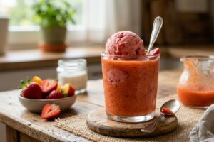 Smoothie de capsuni, piersici si inghetata